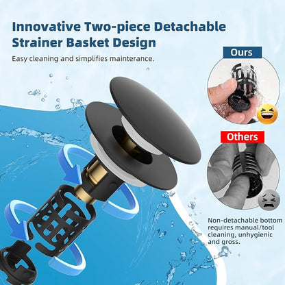 Hibbent Upgraded 3 in 1 Bathroom Sink Drain Strainer, Pop Up Sink Stopper with Big Push Cap, Anti-Clogging Metal Filter Basket,Sink Plug with Hair Catcher for 1.1''~2.36'' Basin, Matte Black