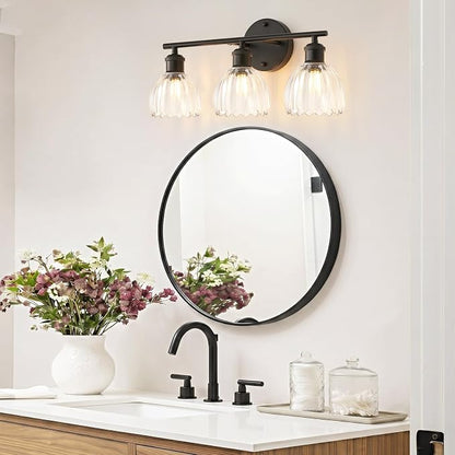 Bathroom Light Fixtures, 3-Light Brushed Black Vanity Lights for Bathroom with Clear Tulip Glass Shade, 20" Vintage Bathroom Vanity Lighting Fixtures Over Mirror for Bedroom Living Room Hallway