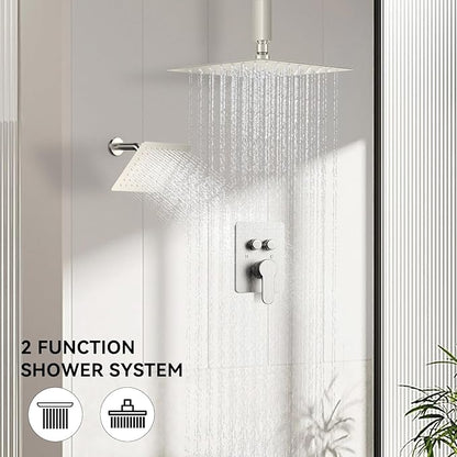 Shower Faucet Set Brushed Nickel Shower System, STARBATH 10" Ceiling Mount Rain Showerhead and 6" Wall Mounted Rainfall Shower for Couples, On Off Button Valve Dual Head Shower Systems Complete