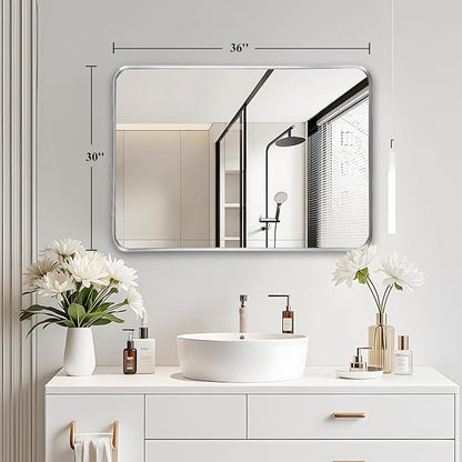 Silver Bathroom Vanity Mirror Over Sink 30x36, Large Wall Chrome Mirror | Fabuday Matte Metal Brushed Nickel Framed Rectangle Mirror for Living Room, Bedroom, Entryway Decor, Wall Mounted
