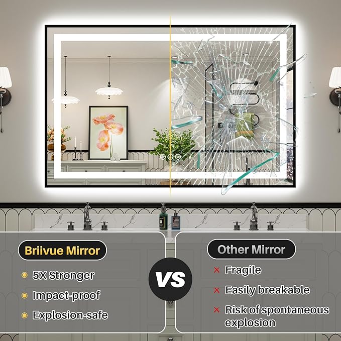 24x32 Inch LED Bathroom Mirror with Black Frame, Backlit & Front Lit, Anti-Fog Lighted Bathroom Vanity Mirror for Wall, Memory Function, Dimmable, HD Tempered Glass, Shatter-Proof