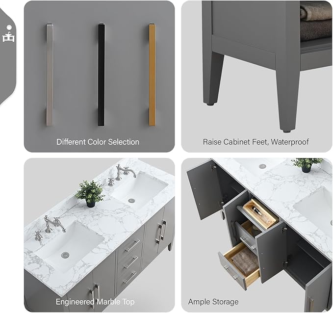 Vanity Art 60 inch Bathroom Vanity with Double Sink & Ceramic Top, Vanity Cabinet with Soft-Closing Doors, Drawers, Solid Wood Frame, Cashmere Gray,VA9060-DG-MB1