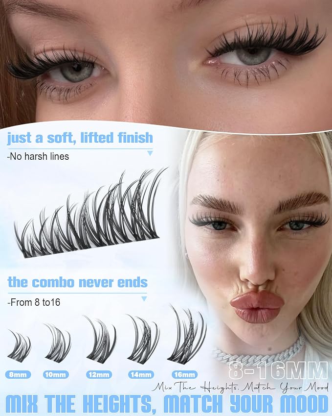 Wispy Lash Clusters Natural Eyelash Clusters 8-16mm Cluster Eyelash Extensions CD Curl Individual Wispy Lashes Clusters with Wet Spikes Clear Band Lash Extensions for Natural Look