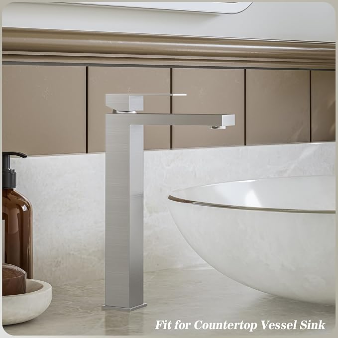 Brushed Nickel Tall Bathroom Faucet for Vessel Sink Single Hole Single Handle Vessel Sink Faucet Vanity Bathroom Faucet Above countertop Sink with Water Supply Hose,BF3530P-BN-V