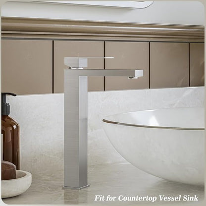 Brushed Nickel Tall Bathroom Faucet for Vessel Sink Single Hole Single Handle Vessel Sink Faucet Vanity Bathroom Faucet Above countertop Sink with Water Supply Hose,BF3530P-BN-V