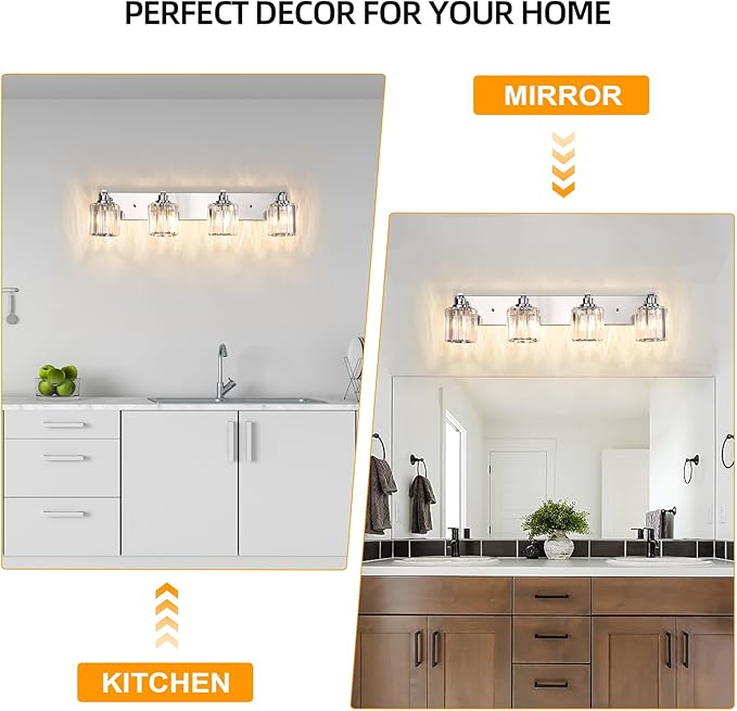 4 Lights Crystal Bathroom Vanity Light Modern Chrome Bathroom Light Fixture Bathroom Lighting Fixtures Over Mirror for Mirror E26 Base