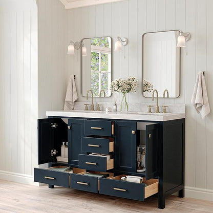 ARIEL Cambridge 60-inch Bathroom Vanity with Sink,Solid Wood, 2-inch Italian Carrara Marble Countertop, Double Rectangular Porcelain Sink, 4 Soft Closing Doors, 6 Dovetail Drawers, Midnight Blue