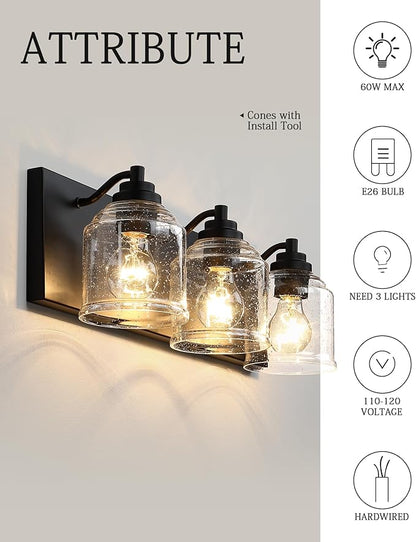 Vanity Lights for Bathroom Large 23", Farmhouse Rustic Vanity Light with Bubble Glass Shades, Black 3 Light Bathroom Lighting Fixtures Over Mirror, Bath Wall Sconce Home Decor