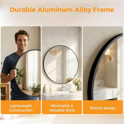 Sweetcrispy Round Bathroom Wall Mirror, Vanity Mirror, 20 Inch | Matte Metal Frame, Home Decor Circle Mirrors for Bathroom Sink, Entryway, Bedroom, Black