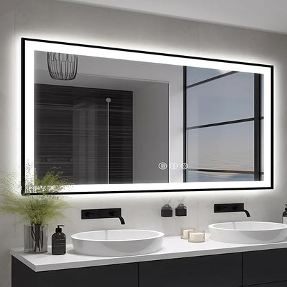 EchosLife 60x30 Large LED Bathroom Vanity Mirror - Black Aluminum Framed | Black Frame, Front and Backlit, Anti-Fog, Stepless Dimmable, 3 Colors, Memory, Tempered Glass, UL Listed, Horizontal/Vertical