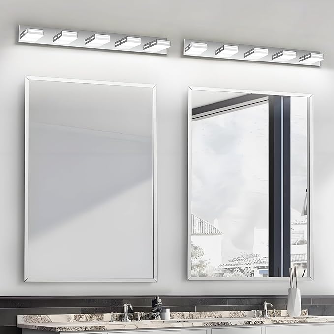 LED Modern Bathroom Light Fixtures, 5-Light 40-Inch Chrome Vanity Lights for Bathroom Lighting Fixtures Over Mirror, 350° Rotatable Acrylic, 6000K Cool White Wall Lamp