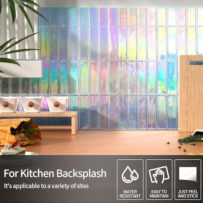 Peel and Stick Backsplash 3D Wall Tiles,Self-Adhesive,Oil Proof,Waterproof, Removable Wall Panels for Kitchen & Bathroom,Modern Design, Easy Install (10.7ft，12x9 inch,14 Pack) (Iridescent)