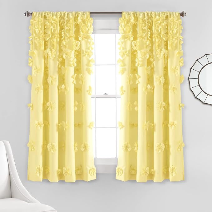 Lush Decor Riley Light Filtering Window Curtain Panel, Single 54" W x 63" L, Yellow - Cute Yellow Curtains for Bedroom - Bow Decor - Coquette Curtains for Windows