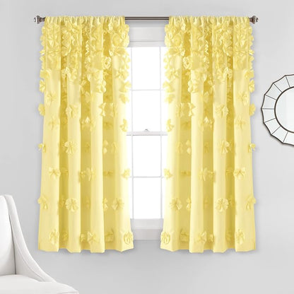 Lush Decor Riley Light Filtering Window Curtain Panel, Single 54" W x 63" L, Yellow - Cute Yellow Curtains for Bedroom - Bow Decor - Coquette Curtains for Windows