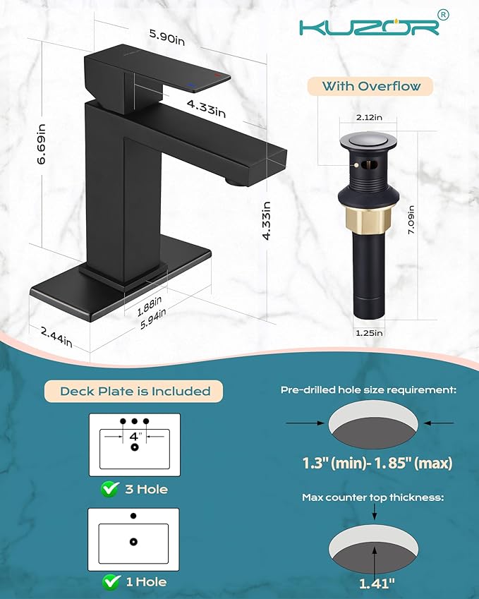 Single Hole Bathroom Faucet, 1-Handle Bathroom Sink Faucet with Pop-Up Drain, 304 Stainless Steel Matte Black for Modern Bath/Vanity