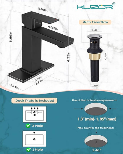 Single Hole Bathroom Faucet, 1-Handle Bathroom Sink Faucet with Pop-Up Drain, 304 Stainless Steel Matte Black for Modern Bath/Vanity