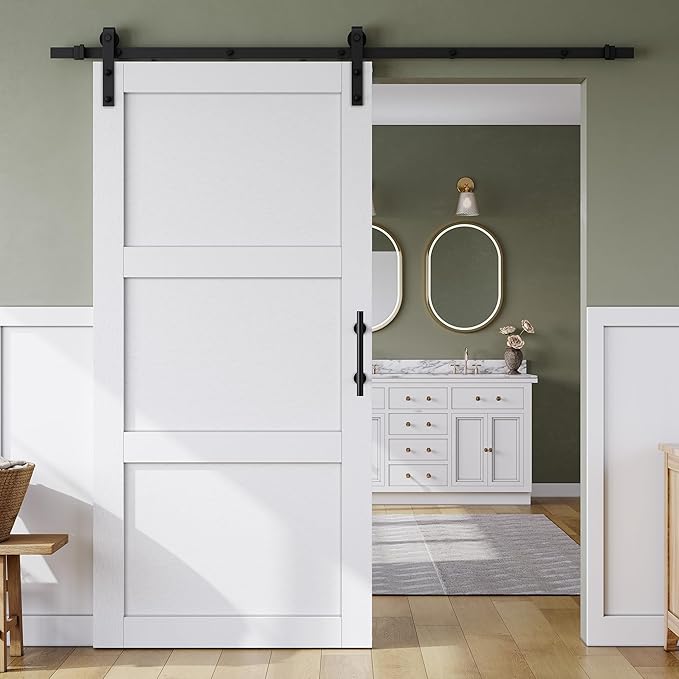 SMARTSTANDARD 40in x 84in Sliding Barn Door with 7FT Hardware Track,3 Panel | Waterproof PVC Surface, Pre-Drilled Holes Easy to Assemble, White, Solid, MDF