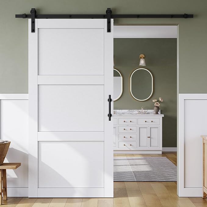 SMARTSTANDARD 42in x 84in Sliding Barn Door with 7FT Hardware Track,3 Panel | Waterproof PVC Surface, Pre-Drilled Holes Easy to Assemble, White, Solid, MDF