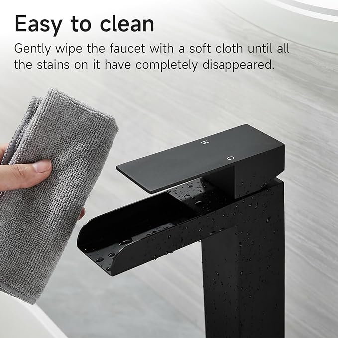 Black Tall Waterfall Bathroom Faucet, Single Hanlde Vessel Sink Faucet with Waterfall Spout, Bathroom Faucets for 1 Hole, RV Lavatory Vanity Mixer Bar Tap with Pop Up Drain and Hoses KMBF015B