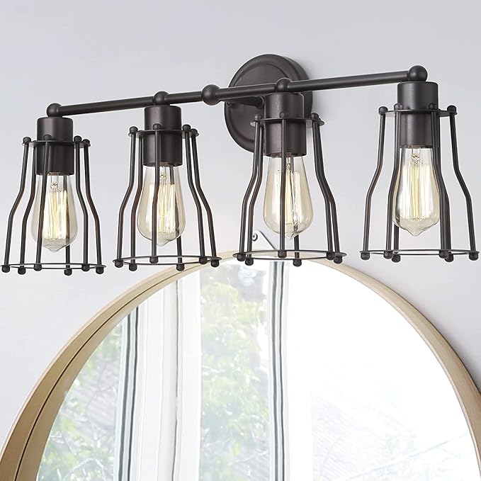 JONATHAN Y 29.5" Oil Rubbed Bronze Modern Industrial Metal Vanity Light, Bathroom Sconce for Mirror, Reversible 4-Light Wall Lamp with Metal Cage Shade for Hallway, LED Bulb Included (JYL7422A)