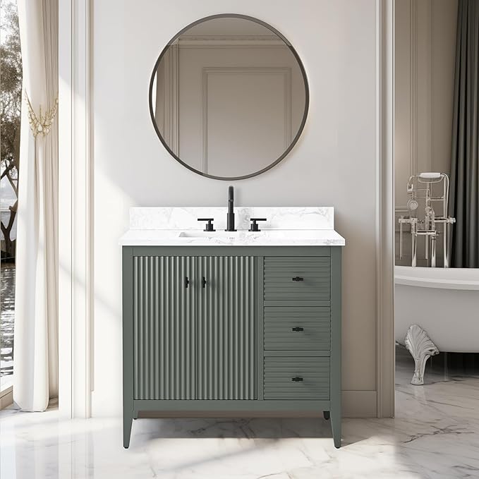Vanity Art 36 inch Bathroom Vanity with Single Sink & Ceramic Top, Vanity Cabinet with Soft-Closing Door, Solid Wood Frame, Linear Pattern, Vintage Green, VA9136-VG-MB,Matte Black Handles