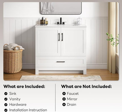 LIKIMIO 36" Bathroom Vanity with Sink, 1 Soft-Close Drawer & 2 Doors, White | Freestanding Bathroom Vanity, Integrated Ceramic Sink, Modern Bathroom Storage Cabinet, Easy Assembly