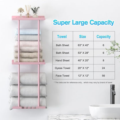 Towel Rack for Bathroom, Wall Mounted Vertical Rolled Towel Storage Organizer Holder with Shelf, Holds Up 6 Large Bath Sheets, Pink Large Size