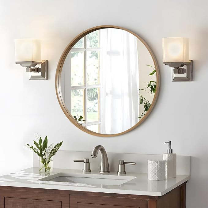 Round Wood Mirror 28" Circle Wall Mirror for Bathroom Round Wall Mirror for Wall Decor, Vanity, Entryway Living Room, Honey