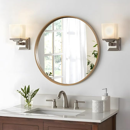 Round Wood Mirror 28" Circle Wall Mirror for Bathroom Round Wall Mirror for Wall Decor, Vanity, Entryway Living Room, Honey