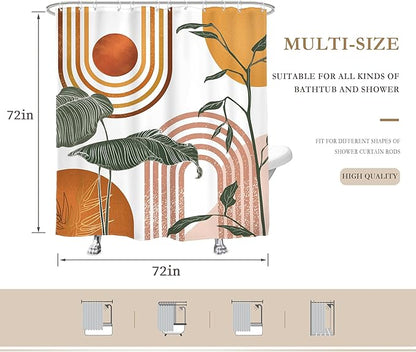 Glawry Orange Pink Boho Mid Century Shower Curtain Abstract Retro Tropical Palm Leaf Plant Sun Arch Minimalist Bathroom Geometric 72Wx72L Inches Bath Accessories Art Home Decor Fabric 12 Hooks