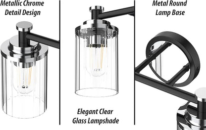 Bathroom Lighting Fixtures Black and Chrome Bathroom Vanity Light with Cylindrical Clear Stripes Glass Lampshade E26 Socket Base Bathroom Lighting Fixtures Over Mirror (2 Lights)