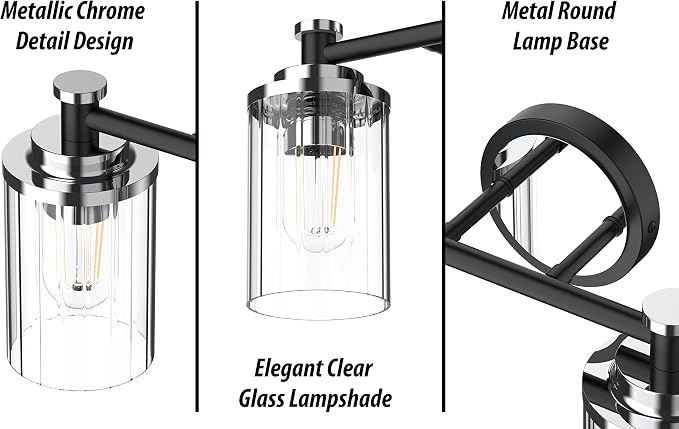 Bathroom Lighting Fixtures Black and Chrome Bathroom Vanity Light with Cylindrical Clear Stripes Glass Lampshade E26 Socket Base Bathroom Lighting Fixtures Over Mirror (4 Lights)