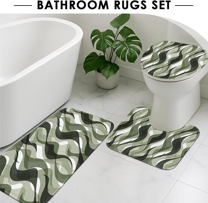 Bathroom Sets with Shower Curtain and Rugs, 4 Pcs, Green Geometric | Abstract Ombre Modern Bathroom Decor Set with Toilet Lid Cover, Non-Slip Bath Mats and Accessories 12 Hooks