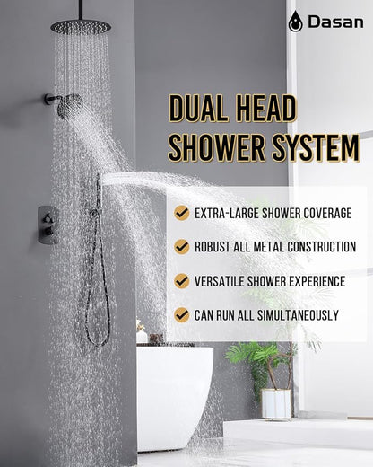 Dasan Rainfall Full Body Shower Faucet System with 12'' Round Shower & 6'' Shower Head,Matte Black Dual Shower Head Faucets Set with Handheld & Valve, Double Shower Head System for Couples/ 2-Person
