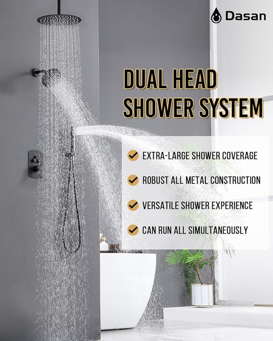 Dasan Rainfall Full Body Shower Faucet System with 12'' Round Shower & 6'' Shower Head,Matte Black Dual Shower Head Faucets Set with Handheld & Valve, Double Shower Head System for Couples/ 2-Person