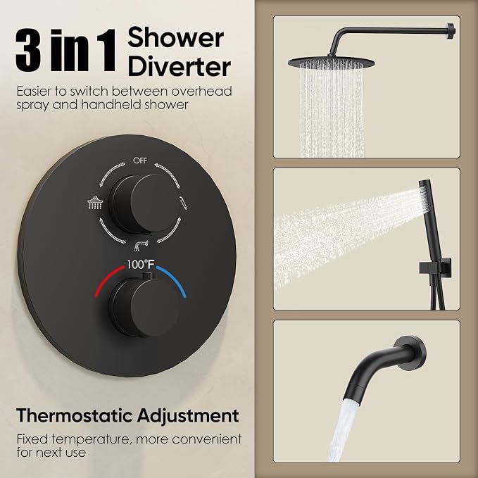 Gabrylly 10" Thermostatic Shower Faucets Set with Tub Spout, Matte Black | All Metal Shower System, Rain Shower Head with Handheld Spray Combo, Luxury Bathroom Rainfall Shower Head Set With Valve