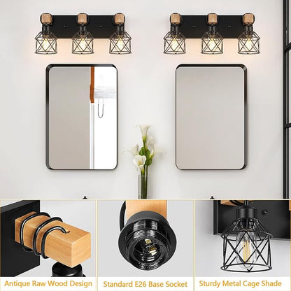 FadimiKoo 3-Light Bathroom Vanity Lights, Farmhouse Bathroom Light Fixtures | Rustic Wood & Black Metal Shade, Wood Bathroom Lighting Fixtures Over Mirror, Wall Sconces for Bathroom Bedroom Living Room