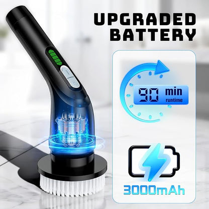 Electric Spin Scrubber, 2-Speed Cleaning Brush, Extendable Handle (Black) | Includes 7 reusable brush heads and an IPX7-rated design for cleaning bathrooms, showers, kitchens, tile, floors, and grout