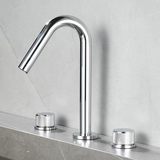 3 Hole Basin Mixer Faucet Brass Swivel Hot and Cold Water Double Handle 3 Hole Bathroom Faucets-Chrome Plated