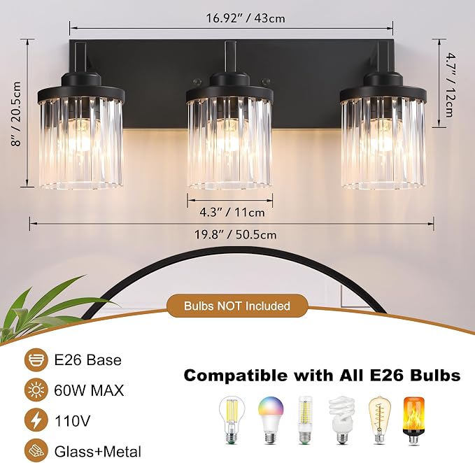 3-Light Black Bathroom Vanity Light, Crystal Glass Shades | Modern Wall Lighting Fixtures Over Mirror, for Bathroom, Matte Black Finish, Rust-resistant Metal, Farmhouse Industrial Style