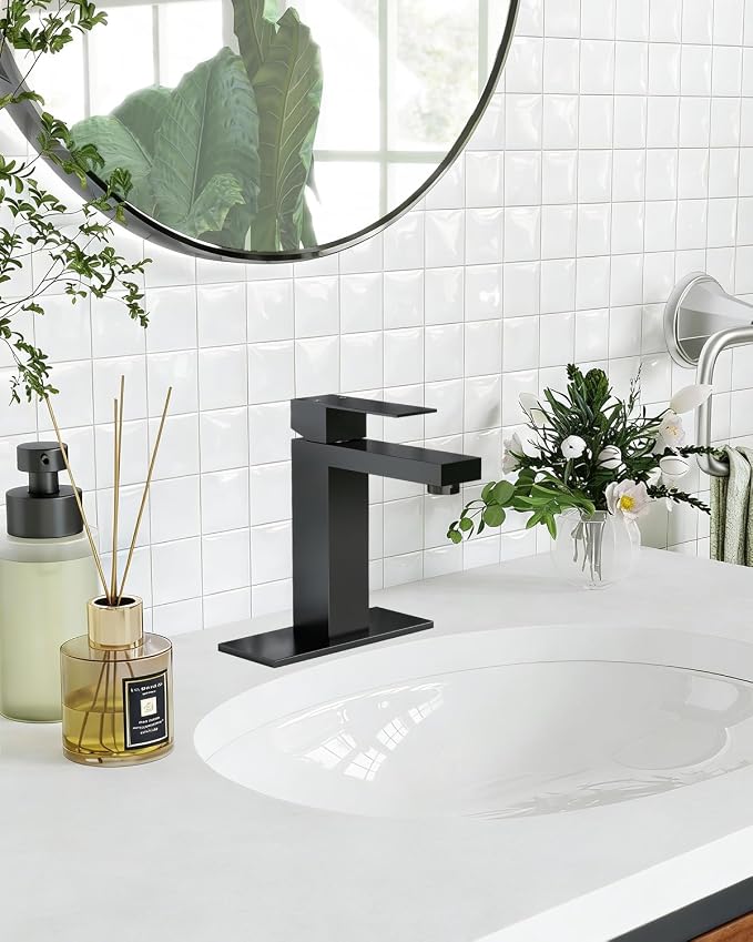 Matte Black Bathroom Faucet Single Hole with Pop-Up Bathroom Drain Single Handle Bathroom Sink Faucet w/Deck Plate(1 or 3 Hole) for Vanity Sinks, RV, Farmhouse