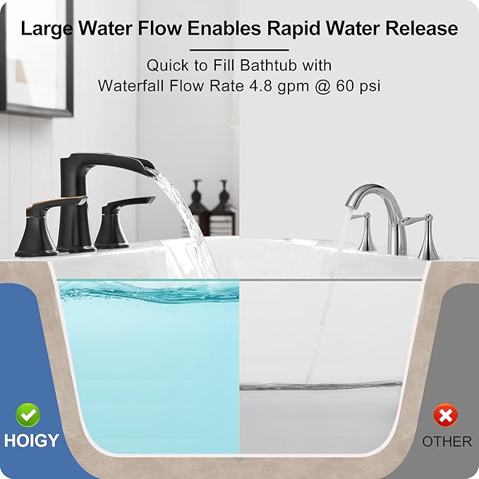 Waterfall Bathtub Faucet Oil Rubbed Bronze, Brass Bath Tub Faucet Set 3 Hole, 8 Inch High Flow Roman Tub Faucet, 2 Handle Deck Mount Bathtub Faucets Widespread with Water Hose for Farmhouse