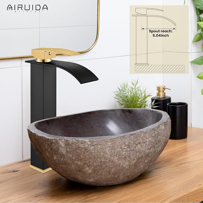 Airuida Vessel Sink Faucet, Black&Gold Tall Waterfall Bathroom Faucet | Single Handle,Tall Bathroom Faucet 1 Hole,Vanity Faucet,without Drain,Bowl Bathroom Faucet