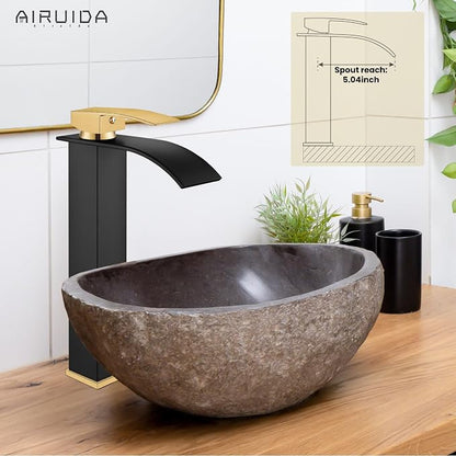 Airuida Vessel Sink Faucet, Black&Gold Tall Waterfall Bathroom Faucet | Single Handle,Tall Bathroom Faucet 1 Hole,Vanity Faucet,without Drain,Bowl Bathroom Faucet
