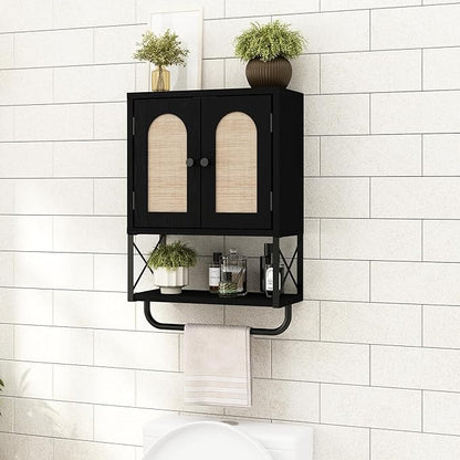RUSTOWN Rattan Bathroom Wall Cabinet, Boho Over The Toilet Storage Cabinet with Arched Rattan Doors, Modern Medicine Cabinet with Adjustable Shelves & Towel Bar (Black, Small)