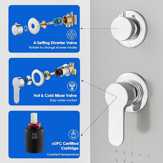 ROVOGO Shower Panel Tower System cUPC Certified, High Pressure Rainfall Shower, Body Jets, Handheld and Tub Spout, 46.5 in. Shower Column Stainless Steel, Brushed