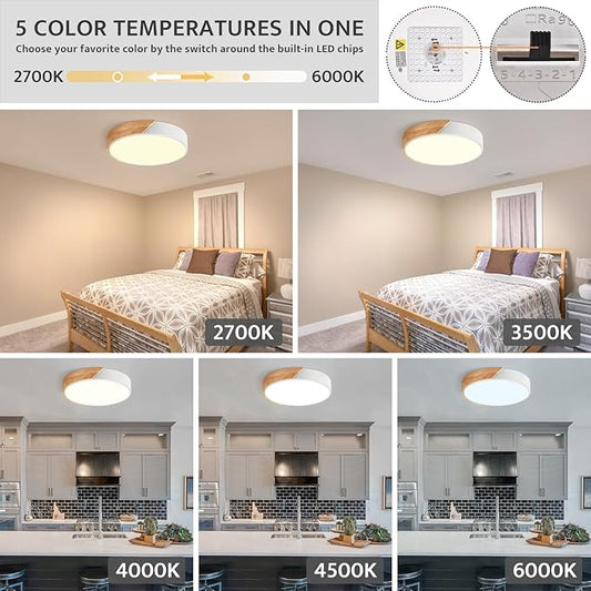 Vikaey Modern Dimmable LED Ceiling Light, Minimalist Wood Style 5CCT 2700K-6000K Flush Mount Ceiling Light Fixture, Round Lighting Lamp for Bedroom, Laundry Room, Hallway, White, 11.8"