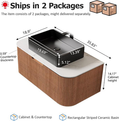 36" Floating Bathroom Vanity with Sink, Solid Wood Modern Bathroom Vanities with Black Rectangular Ceramic Basin and Marble Top, Soft-Close Drawer, Pre-Assembled, Natural Wood Woodgrain