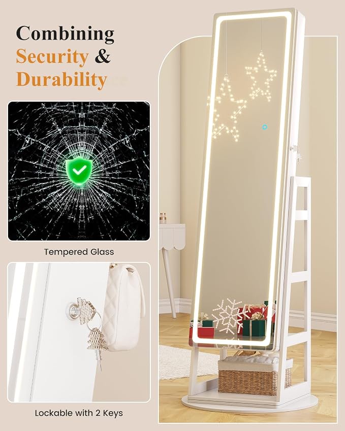 LVSOMT Standing Jewelry Cabinet Mirror with Adjustable LED Light White | 63" Lockable Jewelry Armoire Organizer with 4 Rear Shelves & Hooks, 360° Swivel, for Bedroom, Living Room, Women Girls Gift