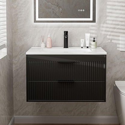30 Inches Modern MDF Bathroom Vanity with Sink, Wall Mounted Floating Cabinets w/Double Drawers, Black Handles, White Resin Sink Combo Set (Black, 30")